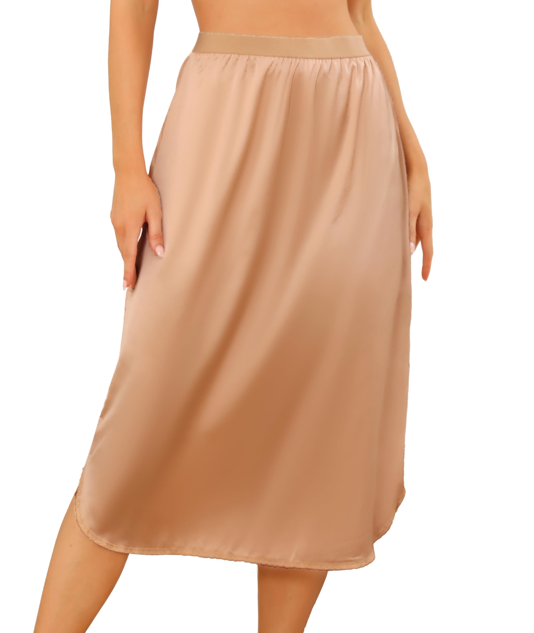 Wikoan Unterrock Damen Petticoat Weich Unterrock Lang Petticoat Elegantes Unsichtbar Spitze Rock Unterkleid Satin S-XXL