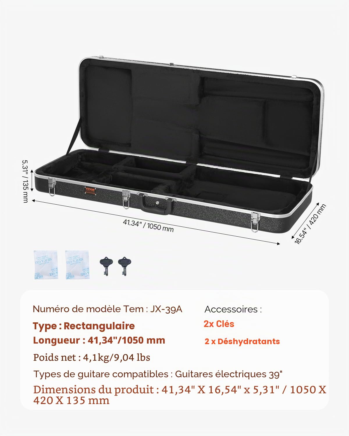 VEVOR Étui Guitare Électrique Rigide Rectangulaire 1050 mm avec Verrouillage à Clés, Poignée, Rembourrage en ABS, Doublure Douce, Résistants à l'eau, pour Guitares Électriques de 39 po 99 cm, Noir