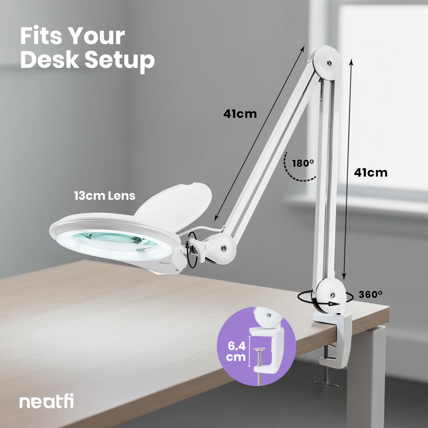 Neatfi Lámpara Lupa LED Bifocal con abrazadera – 1.200 lúmenes, lente de 13 cm, regulable braz, 60 LED SMD, perfecta para manualidades, lectura, joyería y bordado (8 Dioptrías + 20 Dioptrías, Blanco)