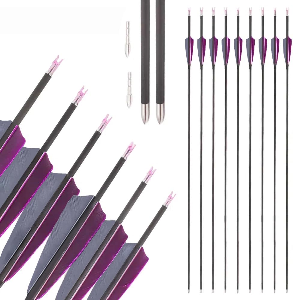 12 pz ID 4,2mm Freccia in Puro-carbonio, Spine 300 400 500 600 700 800 900 1000 Freccia da Caccia, 4" Piuma di Tacchino Grigio Viola, per Ricurvi/Compound Arco Tiro con l'arco