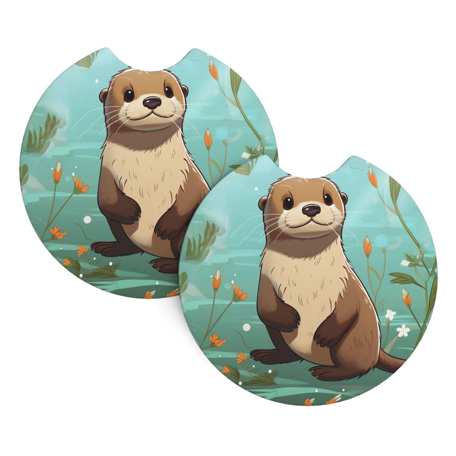 2PCS Car Coaster for Cup Holders Universal Auto Cup Mat Cartoon Cute Otter Cup Coaster Pad 2.7" Waterproof Neoprene Non-Slip Cup Holder Coasters Car Interior Accessories for Women Men