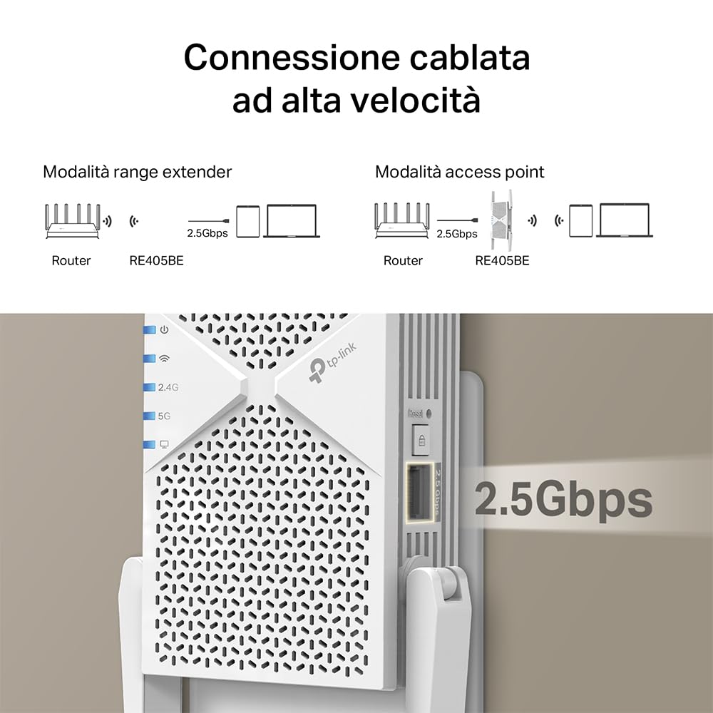 TP-Link RE405BE Ripetitore WiFi 7 Dual-Band BE6500Mbps, Porta Ethernet 2.5G, EasyMesh, MLO, Roaming Intelligente, Configurazione WPS/App, Compatibile con Tutti i Box Internet, 160 MHz, 4K-QAM