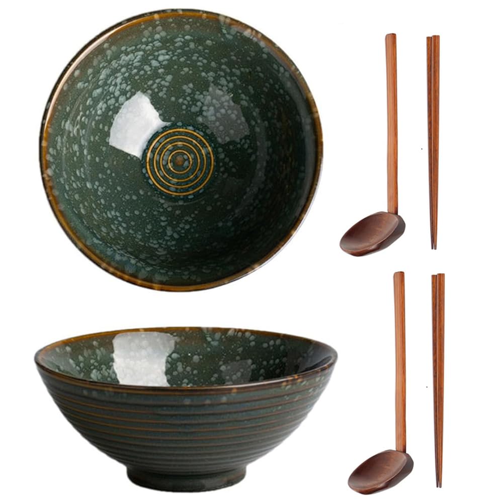 Ramen Schüssel Set 2X1100 ml Ramen Bowl Keramik Mehrzweckschüssel mit passendem Löffel und Essstäbchen für Instantnudeln Suppe Nudel Pho Udon und Soba,Smaragdgrün