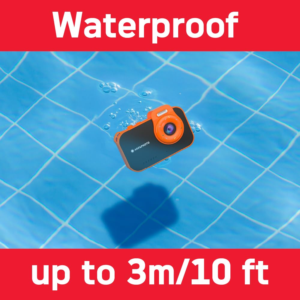 AgfaPhoto Realikids Cam Waterproof 2 - wodoodporny aparat dziecięcy 12 MP, wideo HD, tryb selfie, filtry i ramki, wbudowane gry, czarna bateria litowa