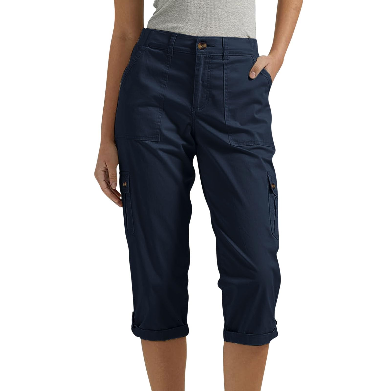 Pantalon Cargo Femme 3/4 Pantalon de Sport Été Léger Corsaire Femme avec Poches Latérales Bouton à la Taille Ourlet Roulé Pantacourt Décontracté pour Randonnée Travail Chasse