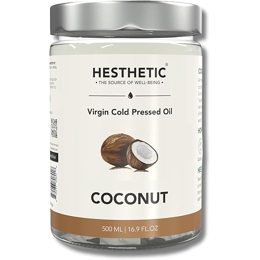 HESTHETIC Premium Virgin Cold Pressed Coconut Oil ? 500ml Glass Jar, 100% Pure & Natural for Cooking, Baking, Smoothies, Hair & Skin Care, Massage, Oil Pulling & More