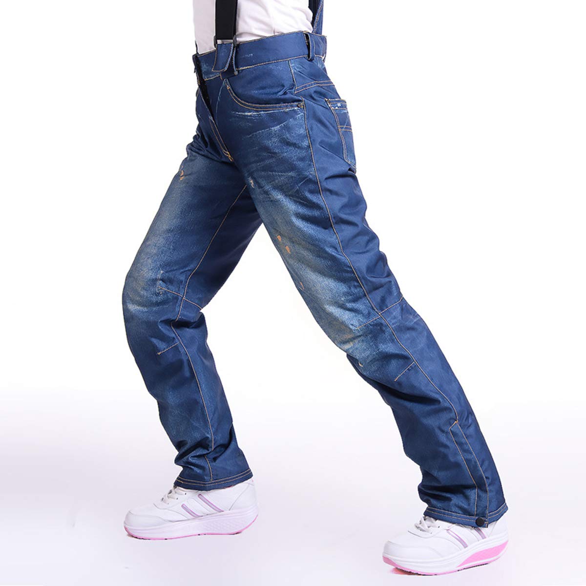 Caige Männer Denim Schnee Hosen Winddicht und wasserdichte Skihose im Freien warme Overalls, Abnehmbarer Schultergurt,Blau,S