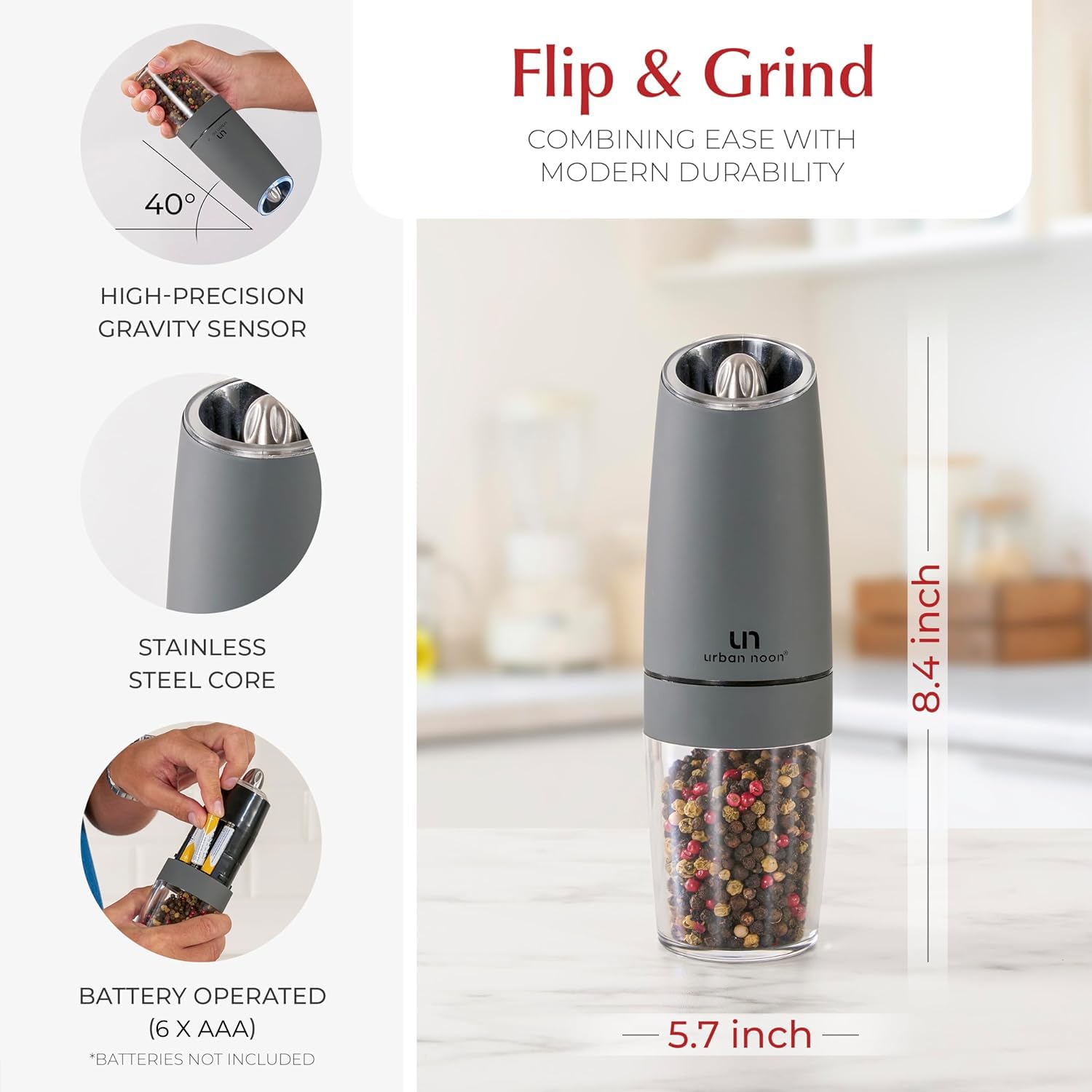 Set macina sale e pepe a gravità, a batteria, con luce (2 macinini grigio opaco), funzionamento automatico con una sola mano, shaker elettronico regolabile, macina in ceramica