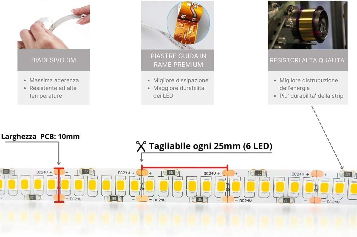 Strip HP LED 96W 24Vdc 5 METRI 1200 -LED- effetto luce continua colre bianco IP20 altissima luminosità fino a 7000 LM (4000K)