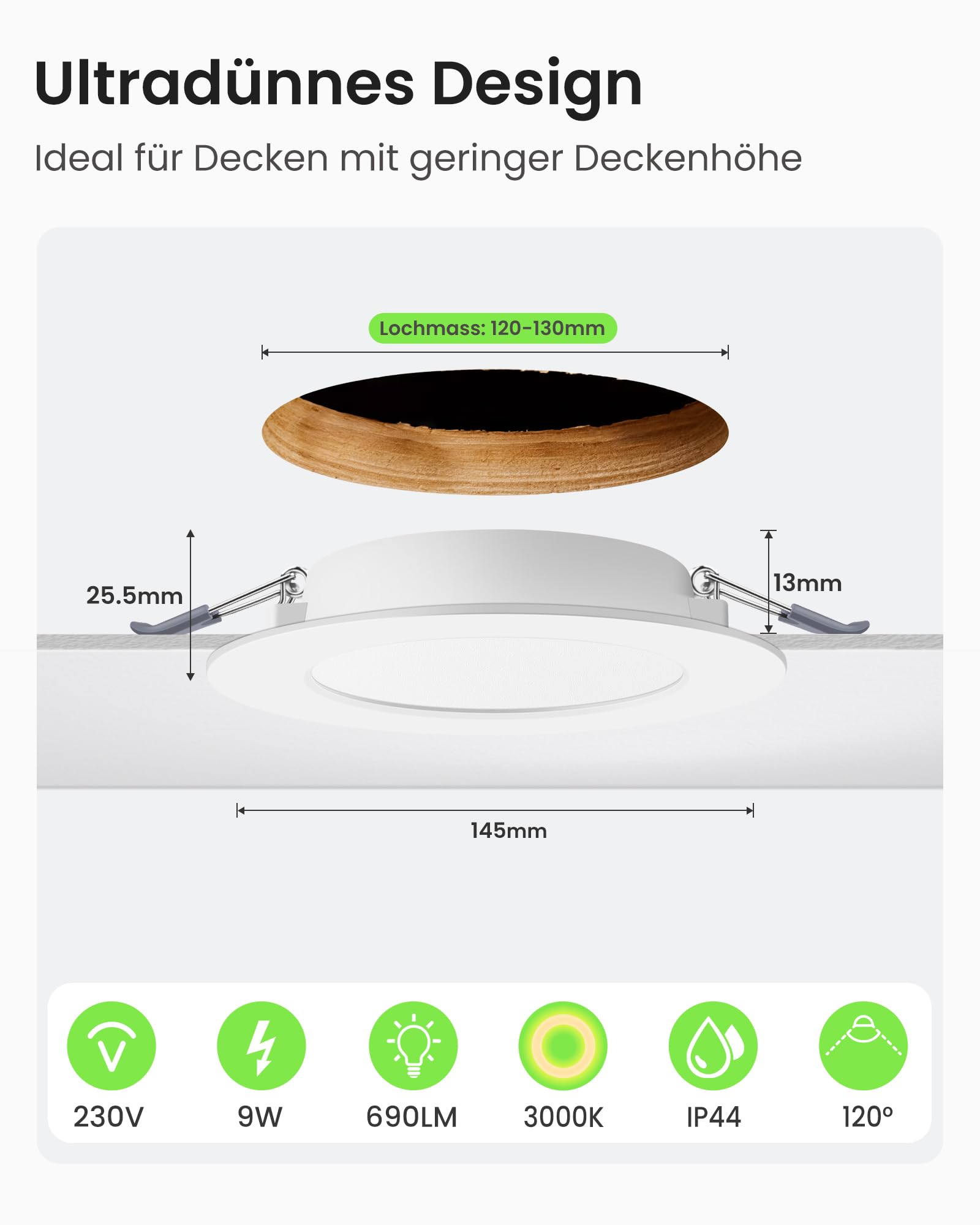 ALUSSO® LED Einbaustrahler 230V Ultra Flach 9W 690LM LED Spots Badezimmer, 3000K Warmweiß Deckenspots IP44 Einbauleuchten für Wohnzimmer Küche, Durchmesser 145MM, Lochmaß 120-130MM, 6er Set