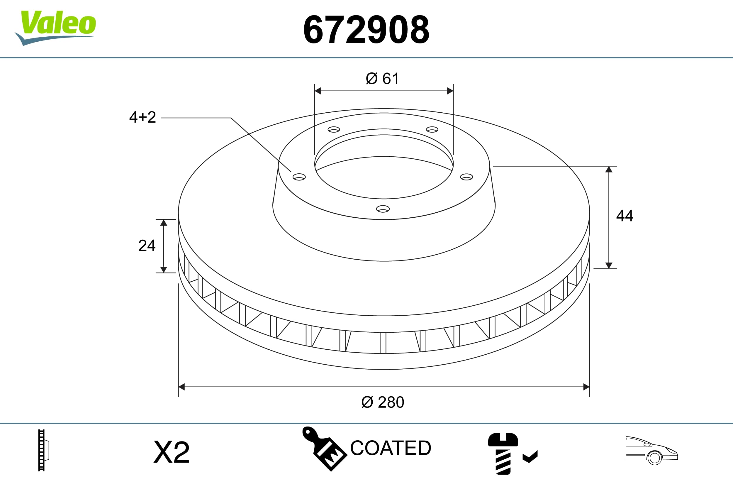 Valeo Boîte de 2 Disques de Frein Revêtus 672908, Essieu Avant