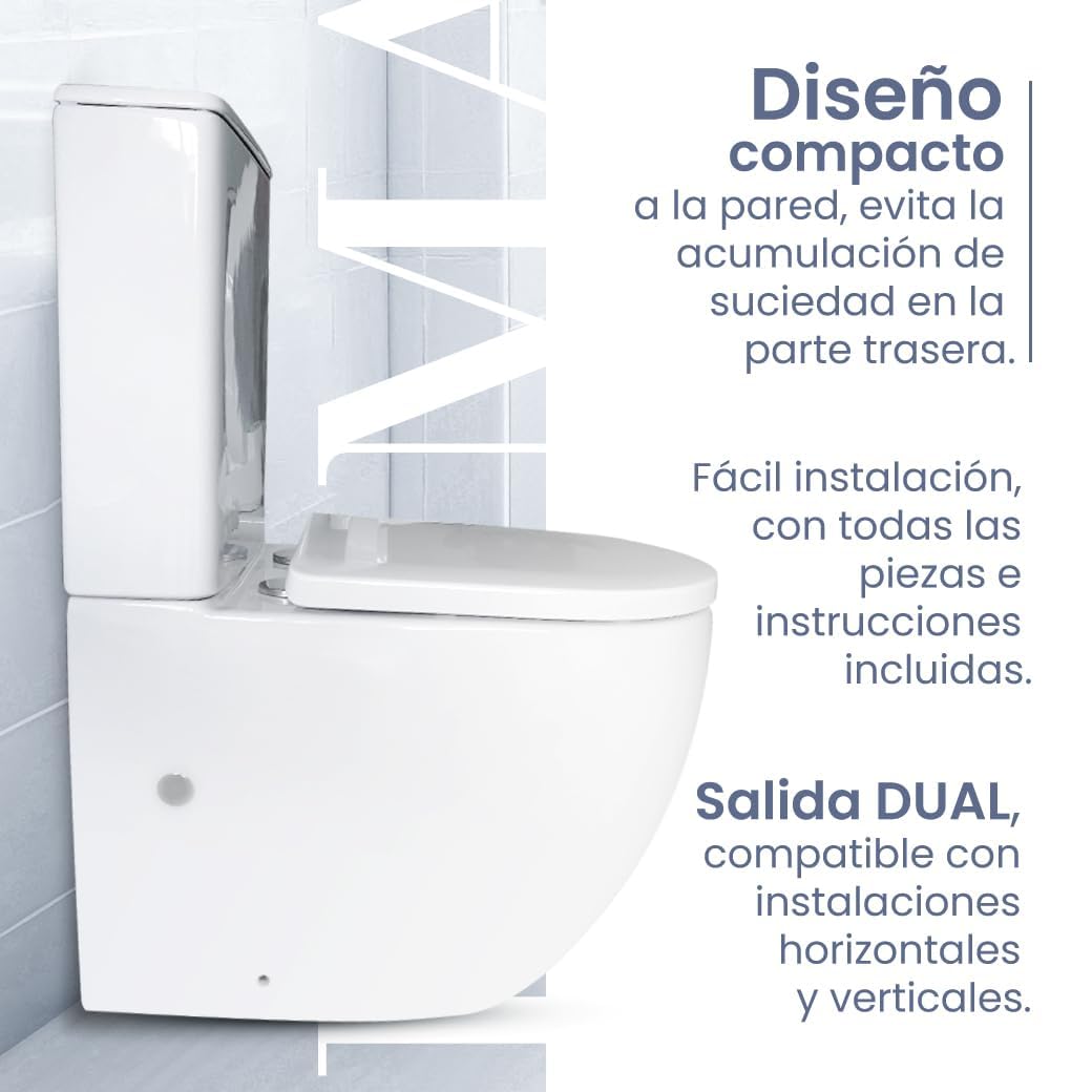 Inodoro Completo - WC Inodoro Completo con Sistema Rimless Antibacterias - Vater Baño con Tapa Dura Extrafina Amortiguada - Salida Dual Eficiente con Ahorro de Agua - WC para Hogar Blanco