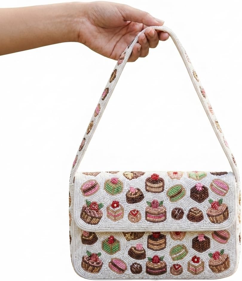 Handmade Beaded Patisserie Shoulder Bag for Women – Whimsical Bakery Cupcake Cake & Macaron Motif Evening Clutch, Novelty Food Luxury Hand-Beaded Party Purse, 10x6 Inch, White/Multi