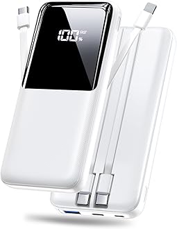 Power Bank Fast Charging 20000mAh, Portable Charger with 2 Built-in Cables & 3 Ports, Powerbank with LED Display, Battery Pack Compatible with iPhone 16 15 14 13 Android and more, White