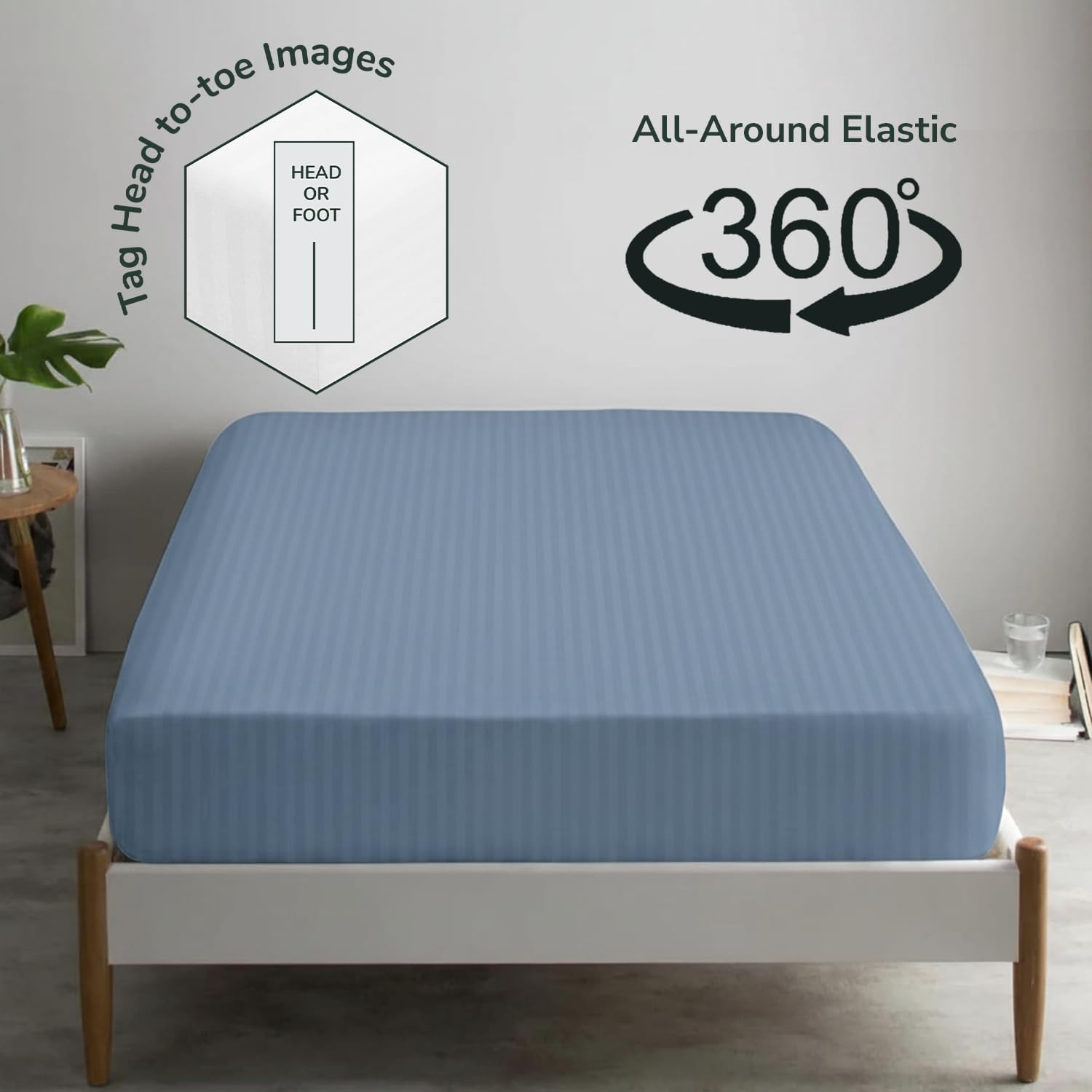 Feather & Stitch 1 Piece Fitted Sheet Queen Size, 100% Cotton Damask Sateen Weave, Striped Breathable, Stretchable Elastic Sheet for Mattress 18 inch Deep Pocket, 500TC Premium Ultra Soft - Blue