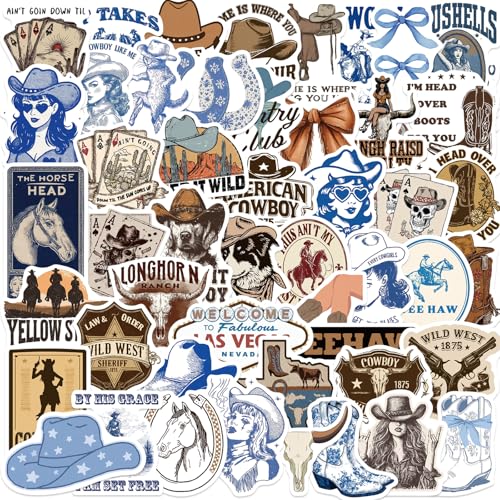 50 PCS Vintage Cowboy Stickers Blue Western Decals for Adult Boys Girls No Repeats Waterproof Vinyl Stickers Suitable for Water Bottles Laptops Phones Kindle Scrapbook Bumper Skateboard Luggage