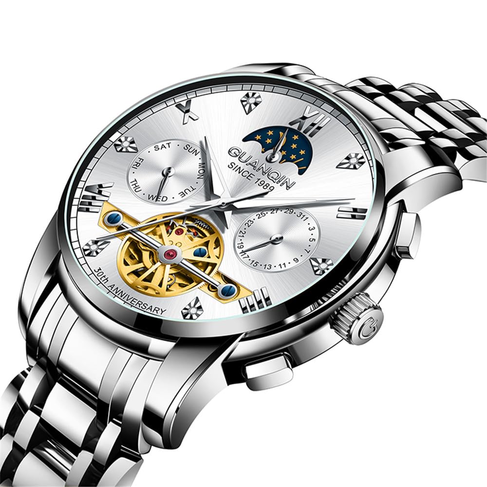Guanqin Herren Damen Paar Skelett Multifunktional Automatisch Selbstaufzug Mechanische Strass Uhr Saphir Business Doppelseitig Hohl Wasserdicht Mondphase Stahl Armbanduhr
