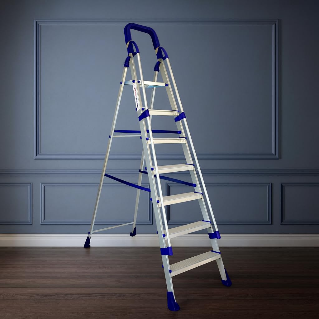 Railing Home Pro 7 Step 7.1 Ft Light Weight Full Aluminium Heavy Duty Folding Ladder (Made in India)