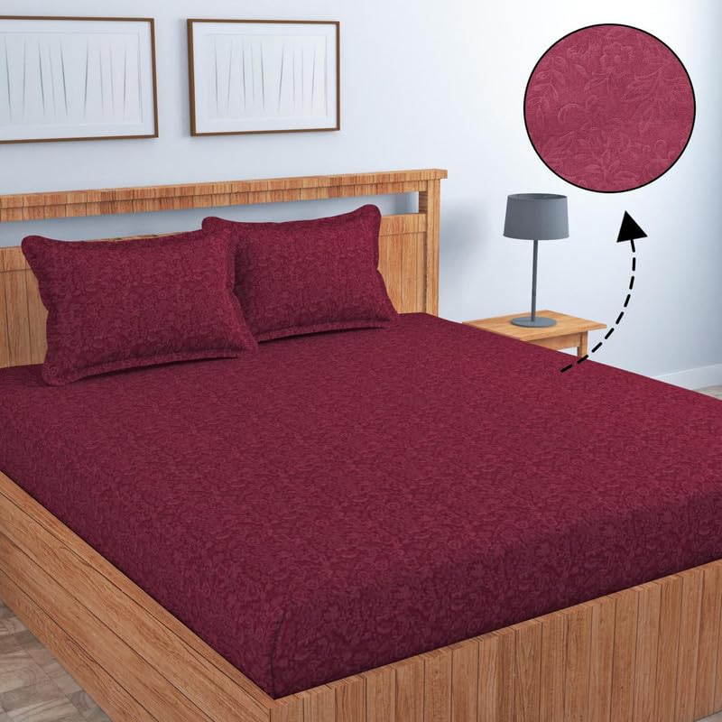Image of Jashan Glace Cotton All Around Elastic Fitted Elegent Self Flower Print Queen Size Double Bed Bedsheet with 2 Pillow Covers Fits Upto Mattress of 10 Inches,Size - 72 x 78 x 10 Inches - Maroon