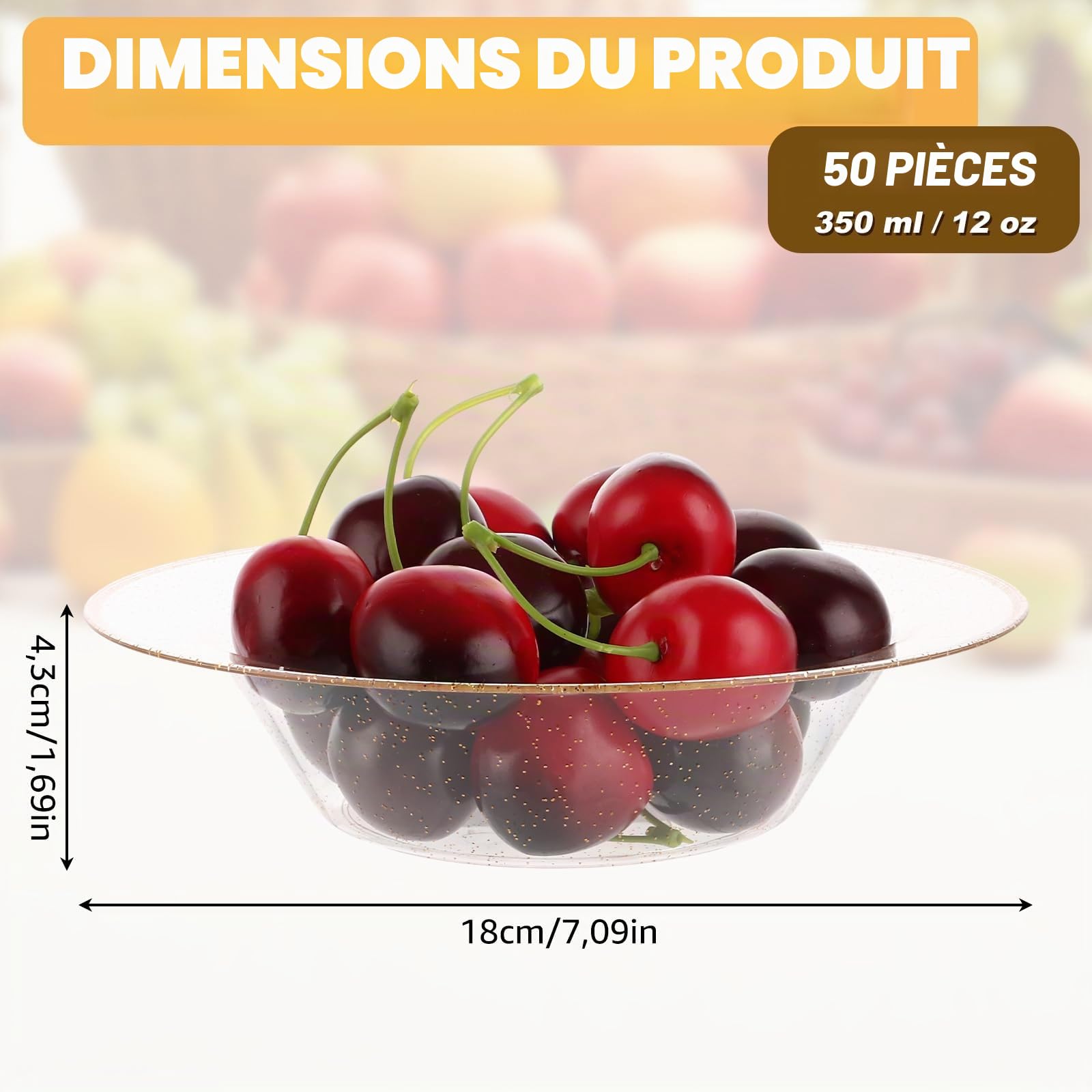 AKOLAFE 50 Pièces Assiette Plastique Creuse Doré Transparent 350 ml, Bol Plastique 18 cm avec Paillettes, Vaisselle de Fête pour Mariage, Anniversaire et Noël