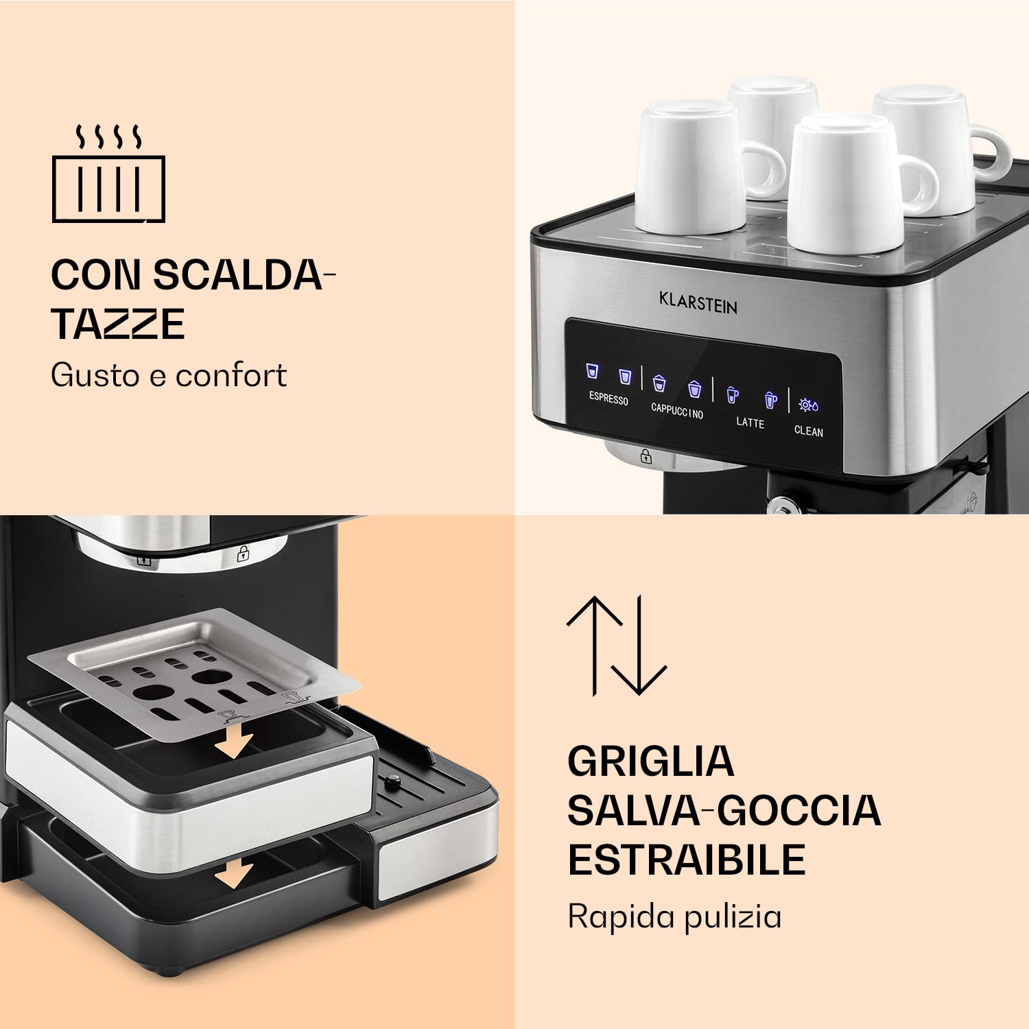 Klarstein Arabica Comfort ekspres do espresso - 20 barów, 1,8 l, dotykowy panel sterowania, 1350 W, stal szlachetna