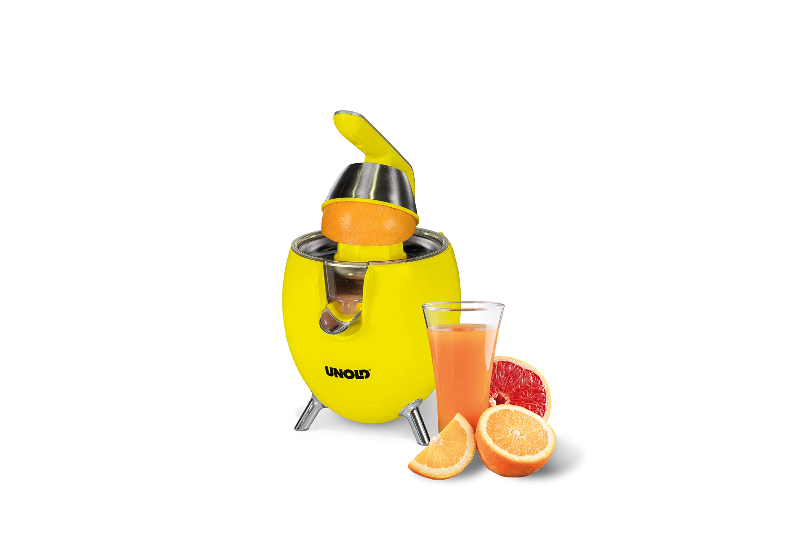 Unold 78132 Zitruspresse Power Juicy Yellow - für große und kleine Zitrusfrüchte, 1100W Motor für perfekte Saft-Ausbeute, Saftstopp-Auslauf, komplett zerlegbar, spülmaschinengeeignet, BPA-frei