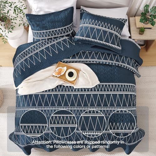 Image of Andency Navy Oversized Super King Quilt Set, 3 Pieces Boho Lightweight Soft Striped Bedspread for All Season (120 inchx120 inch), Printed Bohemian Polyester Reversible Coverlet Comforter Sets