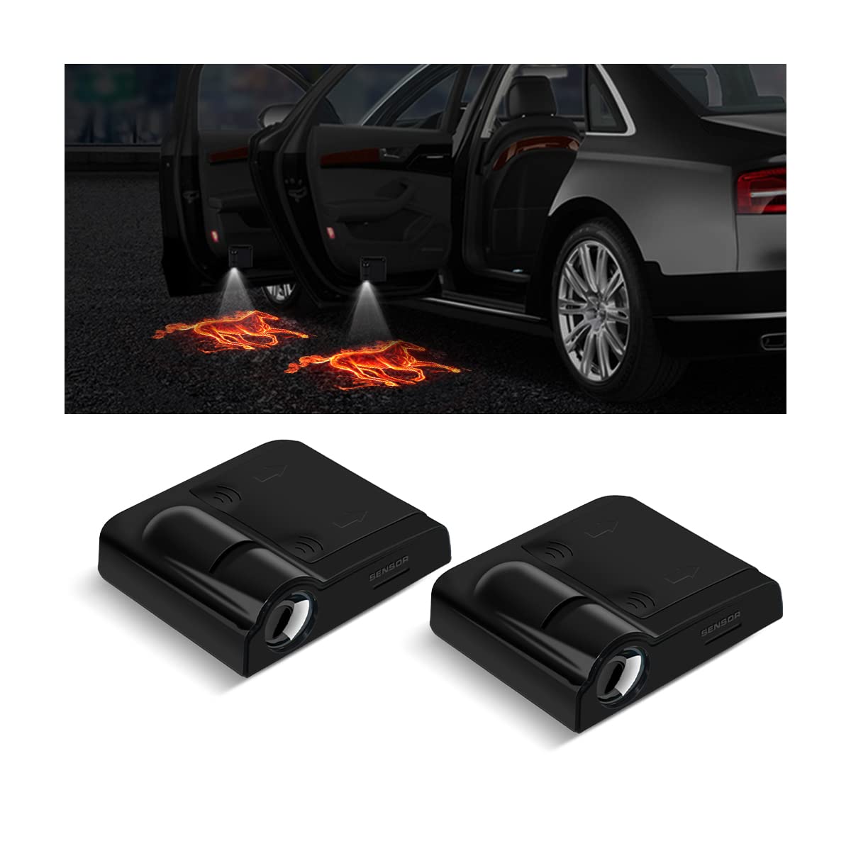 Photo 1 of (2x) 2Pcs Car Door Lights Logo Projector, Wireless LED Car Door Paste Welcome Courtesy Light, Holeless Magnet Sensor Ghost Shadow Welcome Lamp, Naruto Sharingan Light Accessories (Fire Horse)