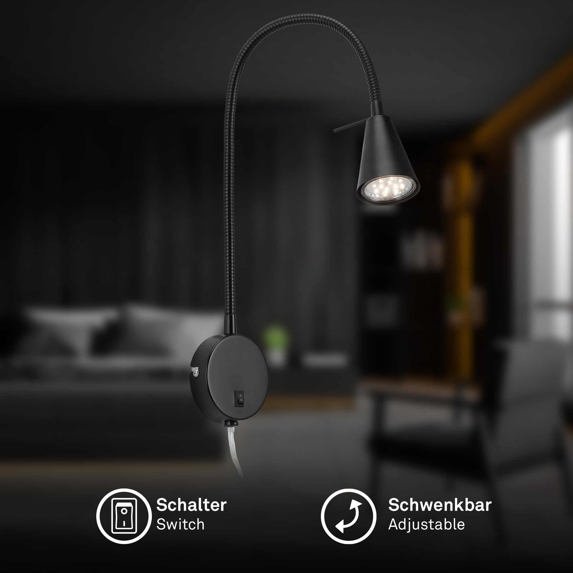 Briloner Leuchten lampa LED do łóżka Flexarm, w zestawie włącznik/wyłącznik, 4 W, 400 lumenów, 3000 kelwinów, metalowa, czarna, 4 W