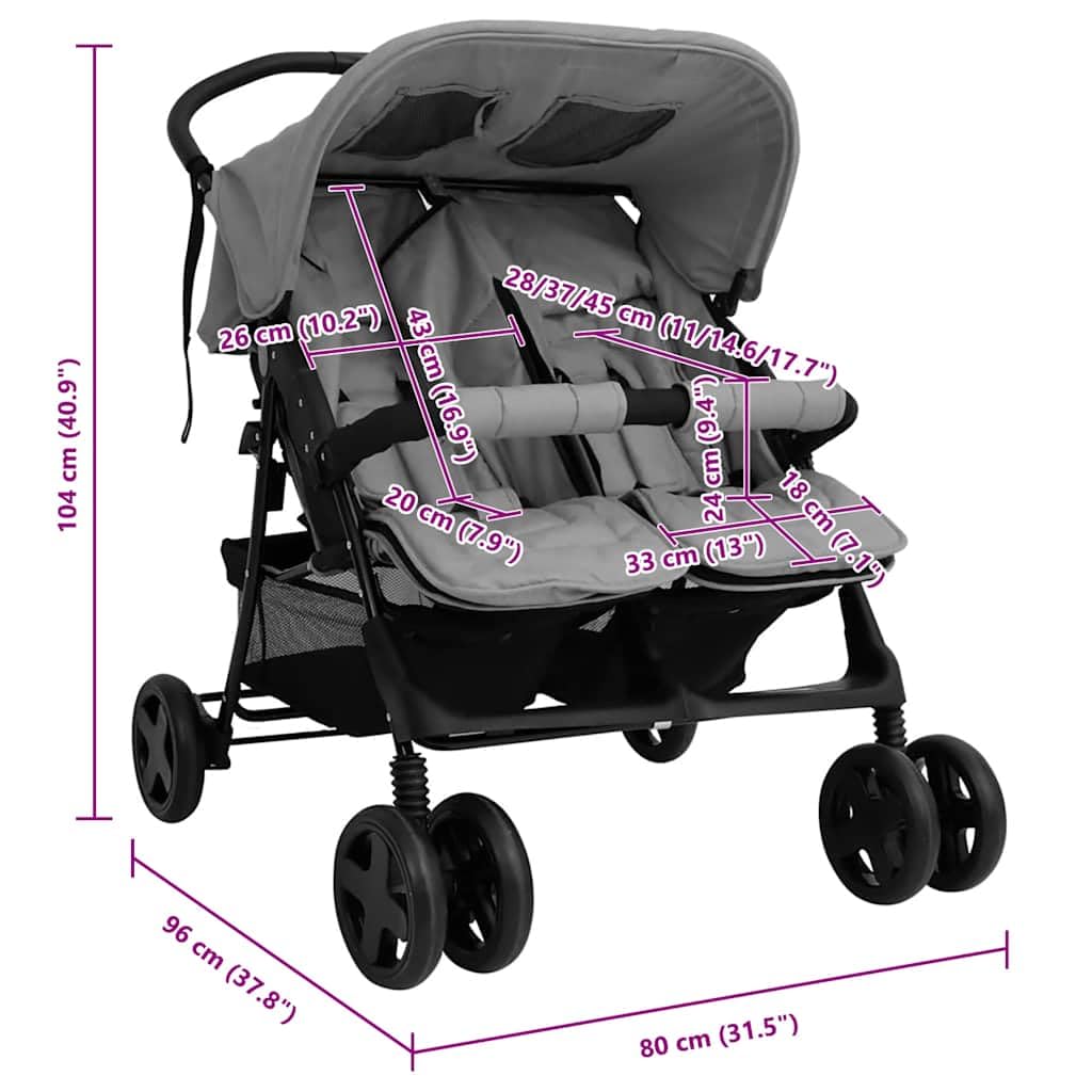 vidaXL Passeggino Gemellare Grigio Chiaro in Acciaio