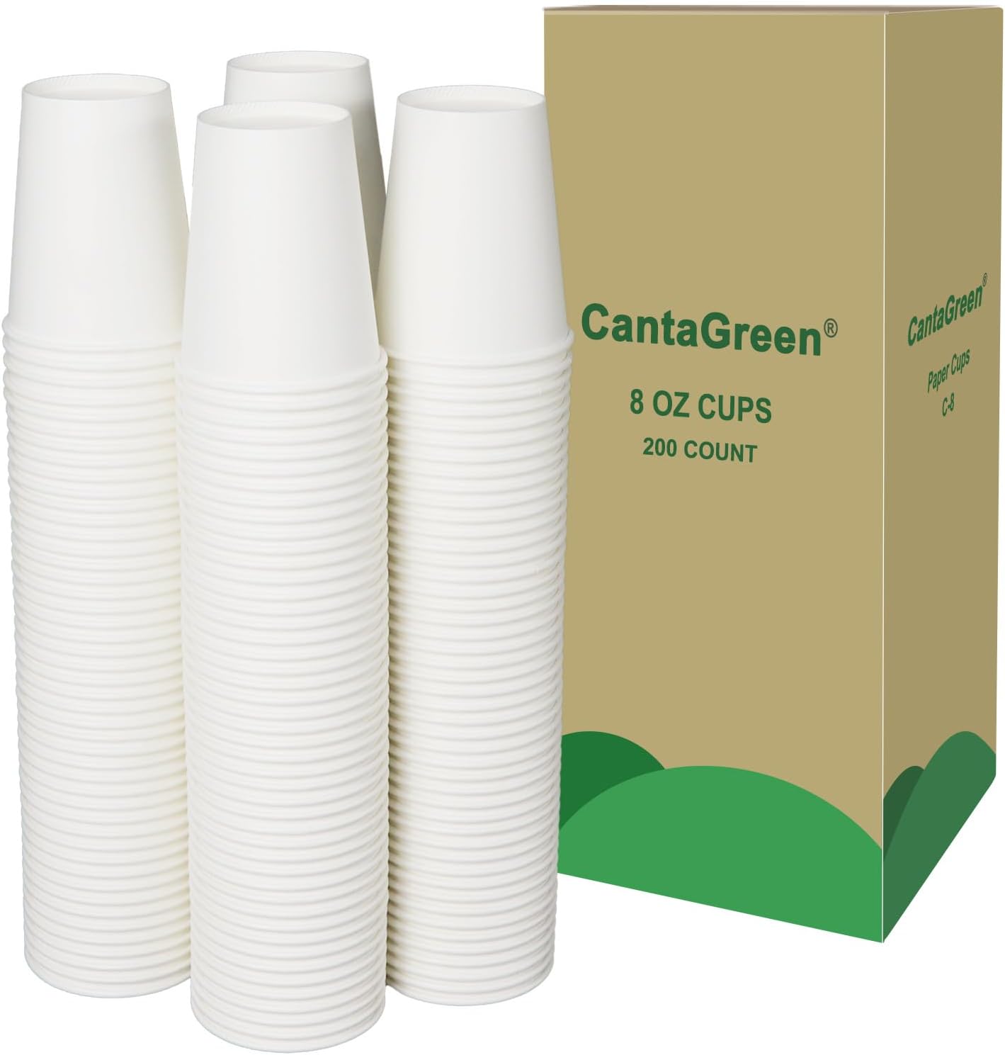 CantaGreen 200 Count 8 OZ Heavy-duty White Paper Coffee Cups, Disposable Hot and Cold Cup