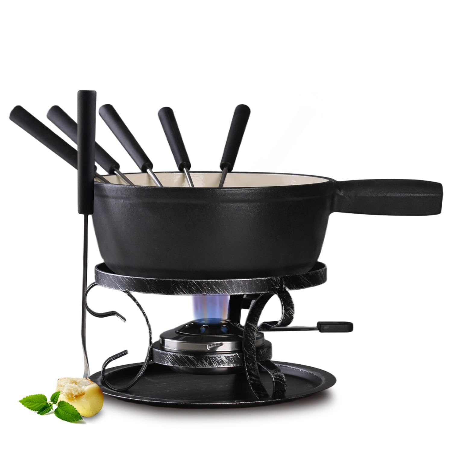 Artestia Cast Iron Fondue Pot Set for Cheese & Chocolate, Fondue Set for 6 with Burner & 6 Forks, Swiss Fondue Pot for Party, Family & Gift, Black