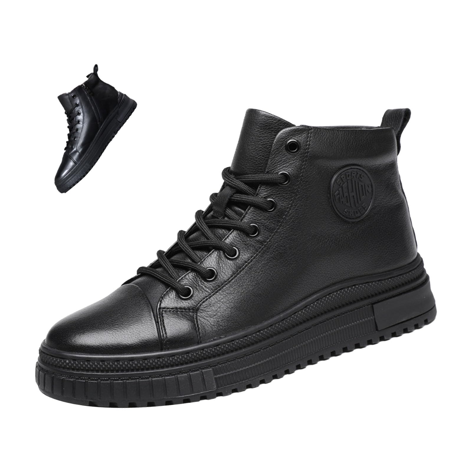 Men's Black High-top Casual Leather Boots,Fall/Winter Round Toe Non-slip Side Zip Travel Height Sneakers Ankle Booties