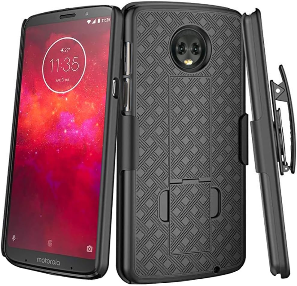 Designed for Moto Z3 / Z3 Play (2018) Case with Belt Clip Holster - Kickstand Cover Phone Case - Black