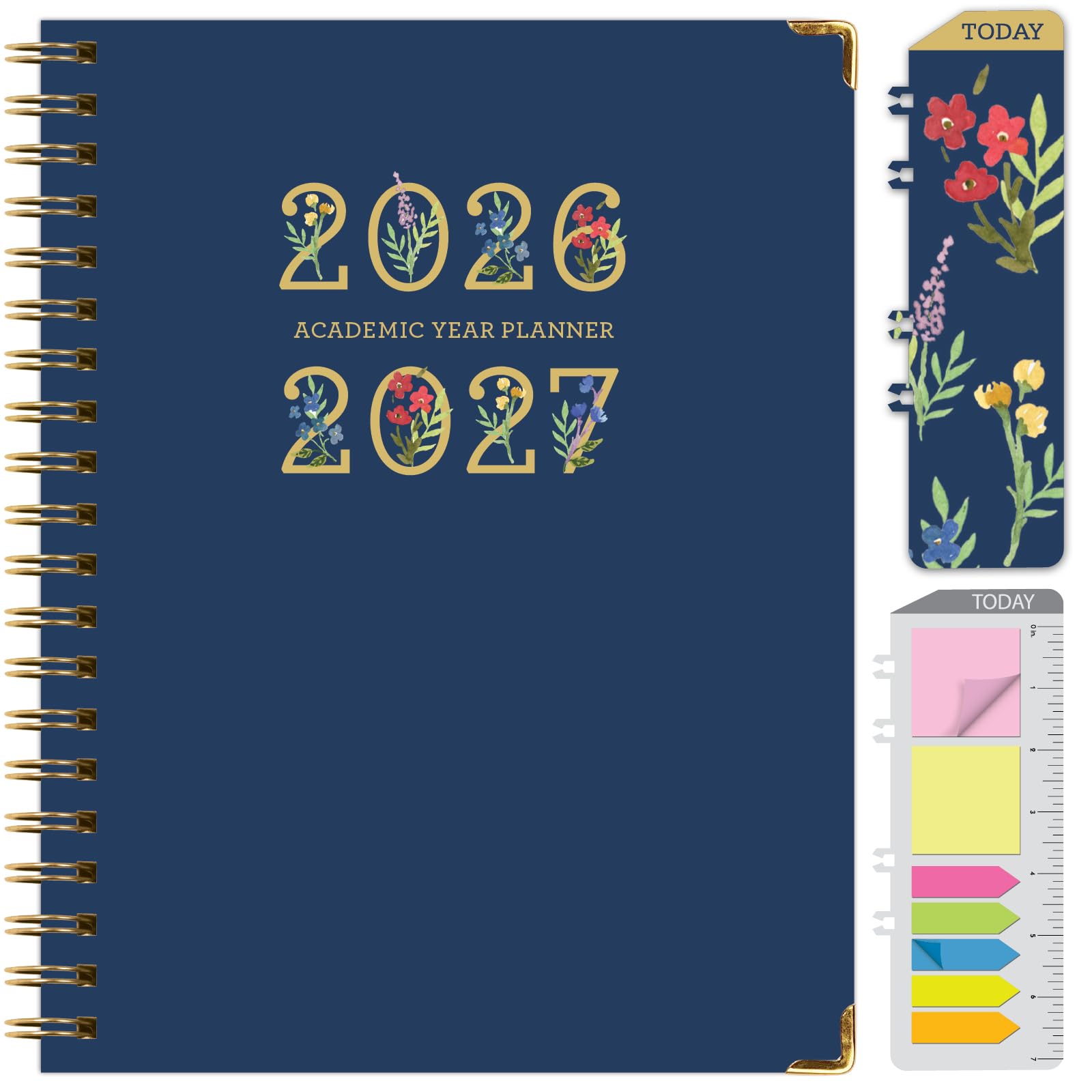 Photo 1 of HARDCOVER Academic Year 2026-2027 Planner: 14 Months (May 2026 Through June 2027) 8.5"x 11" Daily Weekly Monthly Planner Yearly Agenda. Bookmark, Pocket Folder and Sticky Note Set (Navy Gold Numbers)