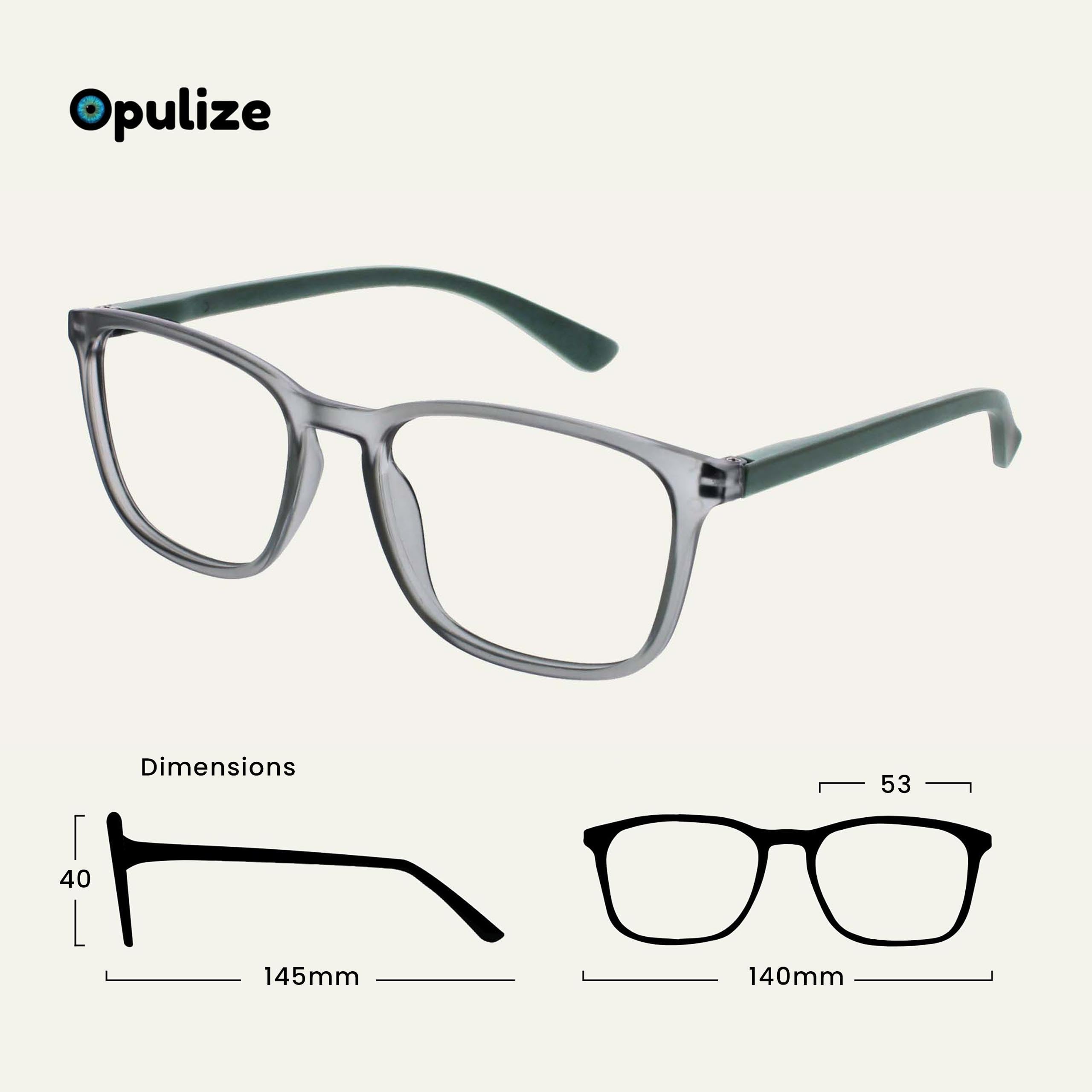 OPULIZE Max - Lunettes de Lecture - Monture Large et Rectangulaire, Forme Classique - Gris Transparent Mat avec Branches Vertes - Hommes Femmes - R78-7 - +1,50 - 3