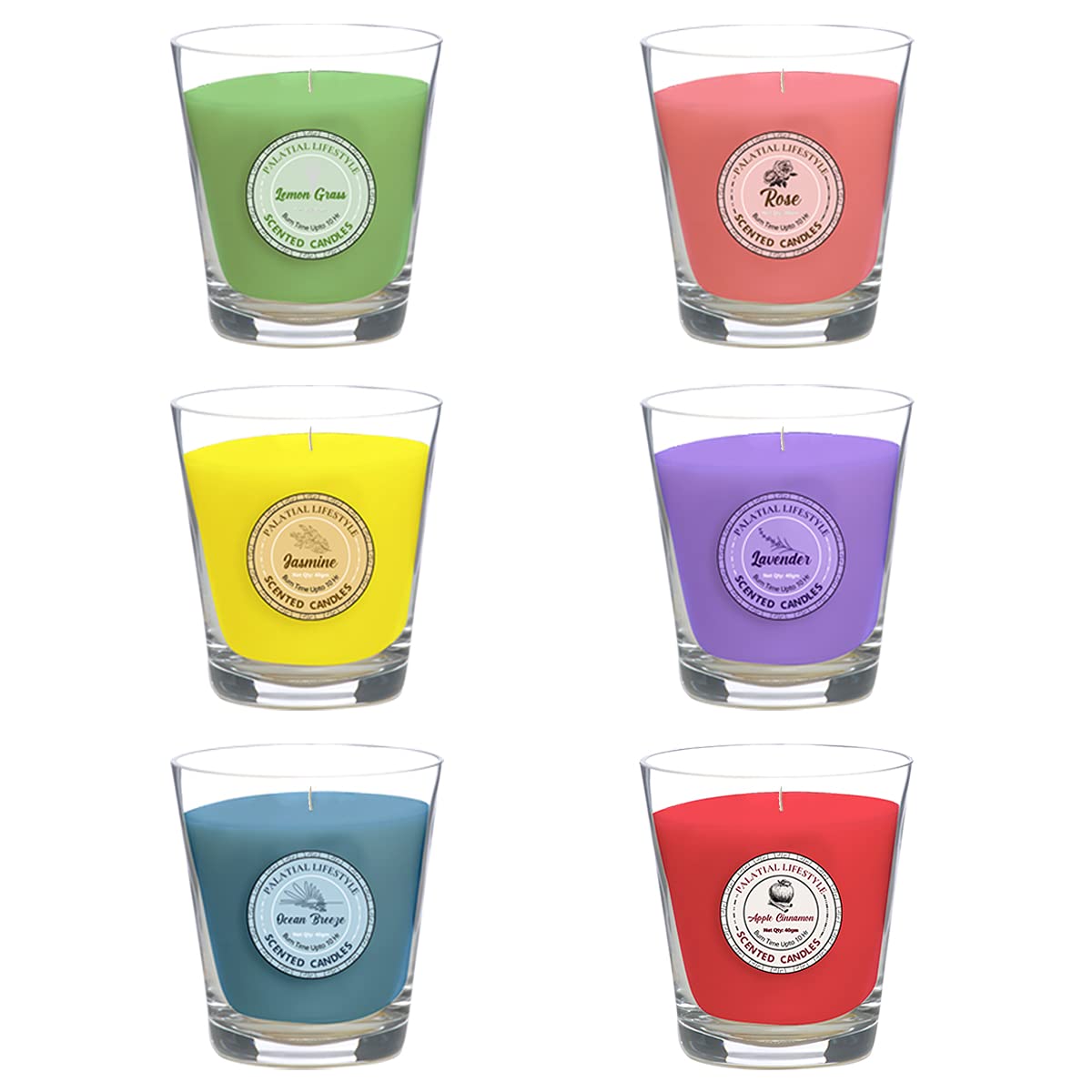 Palatial Lifestyles Scented Candles for Home, Set of 6, Aroma Candles, Fragrance Candles for Bedroom (Enticing Rose, Lavender, Jasmine, Apple Cinnamon,Lemongrass, Ocean Breeze), Wax