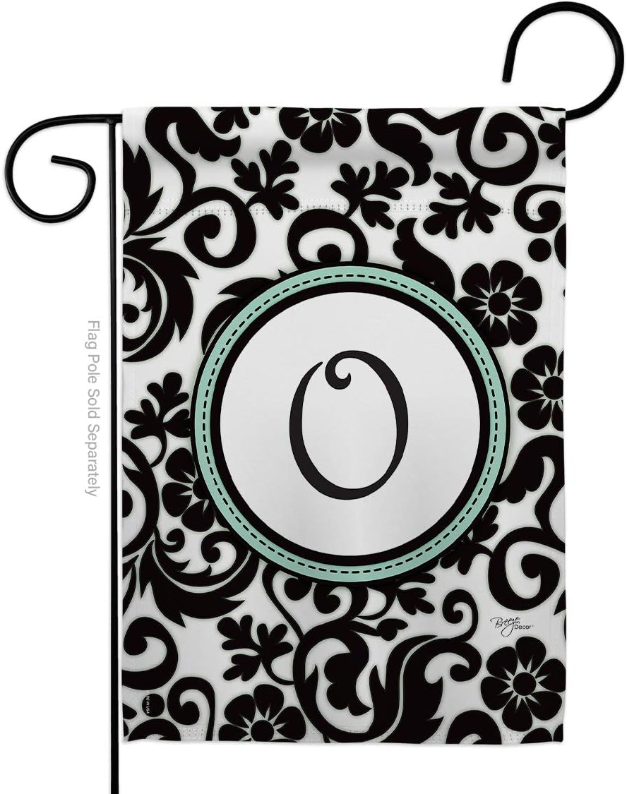 Damask O Initial Garden Flag Set Wall Holder Monogram Country Living Floral Vintage Letter Everday Classic Small Decorative Gift Yard House Banner Double-Sided Made In USA 13 X 18.5