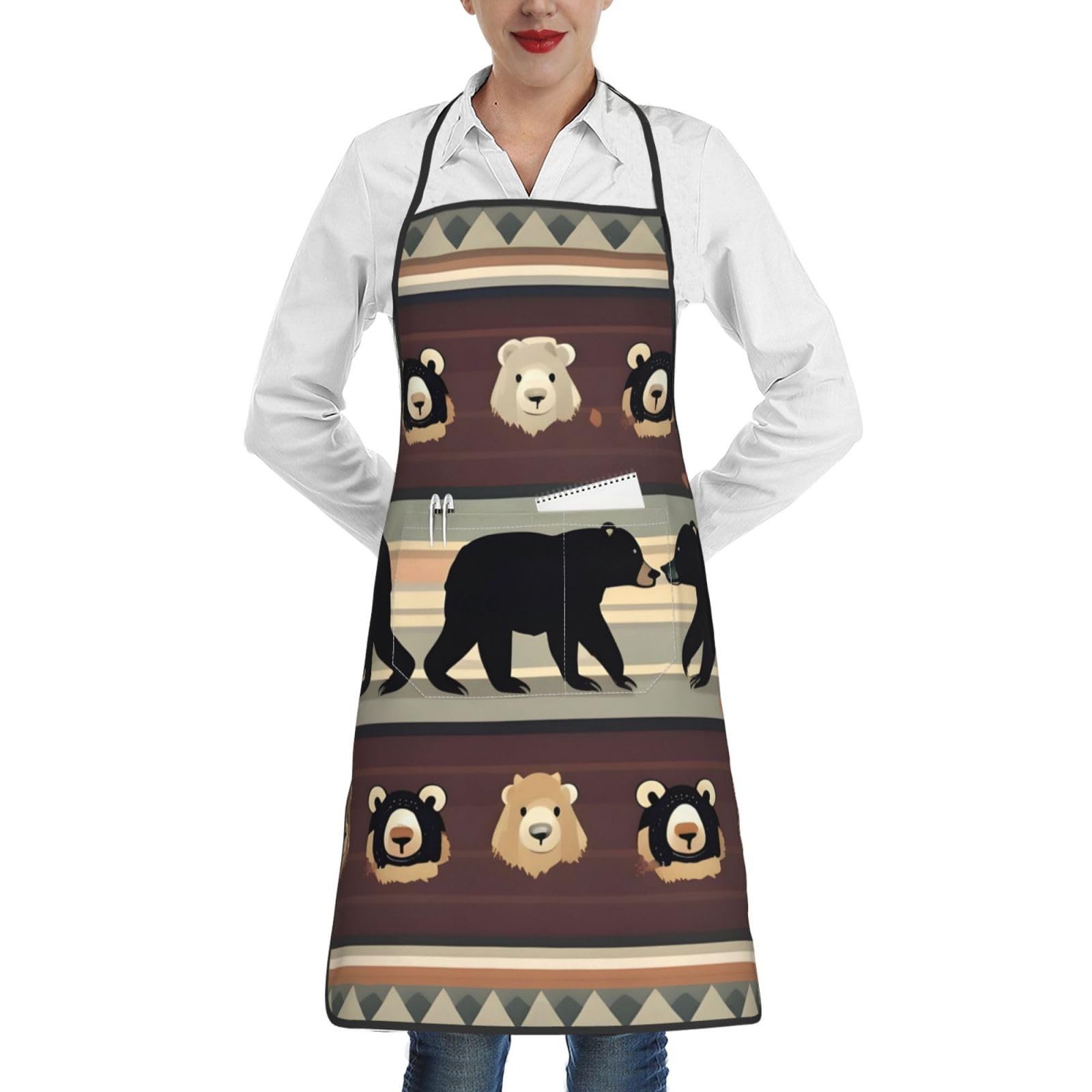 Breaux Unisex White Bear Print Apron, Apron With Pockets, Adjustable Bib Apron, Chef's Apron, Bbq Apron, One Size, One Size