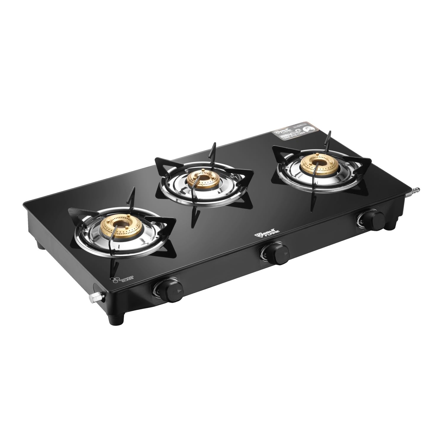 3 Burner Cute Gas Stove | Manual Ignition | 6mm ISI Approved Toughened Glass | Nylon Knobs | Brass Plated CI Burners | Anti Scratch Pan Supports | Die Cast Tube|Black Cooktop-picture-14