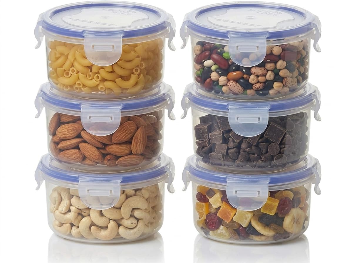 VRISTO 100ml Airtight Clip and Lock Plastic Container Set of 6, Mini Spice Containers for Kitchen, Leakproof Small Storage Jars for Masala, Herbs, Seeds, Dry Fruits, BPA Free Food Storage Boxes