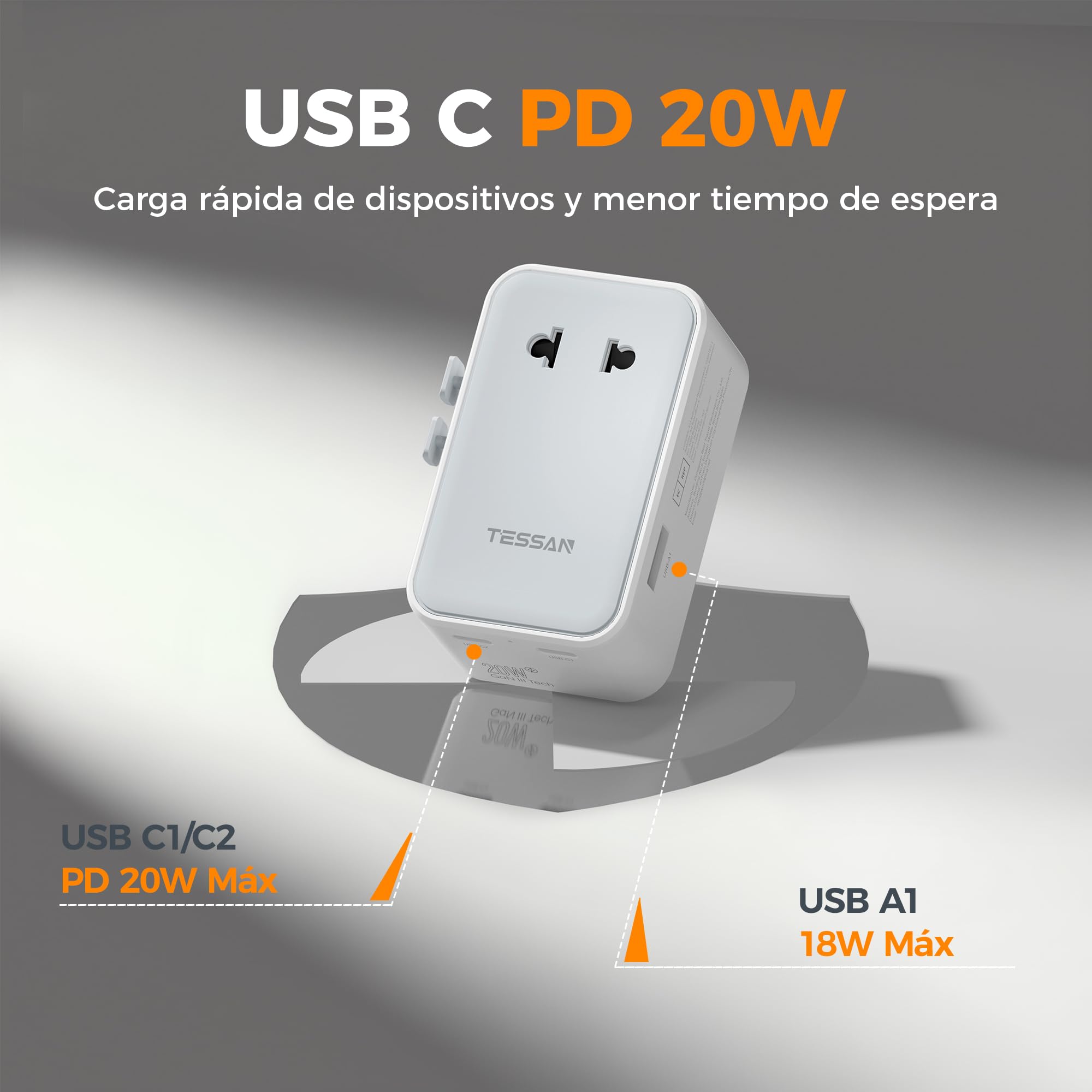 TESSAN Adaptador Enchufe Universal PD 20W, Adaptador Universal Enchufe Viaje con 2 USB C y 2 USB A, Travel Adapter para Uso en Europeo, UK, Americano, Japón, Australia, Canadá, México y China, Gray