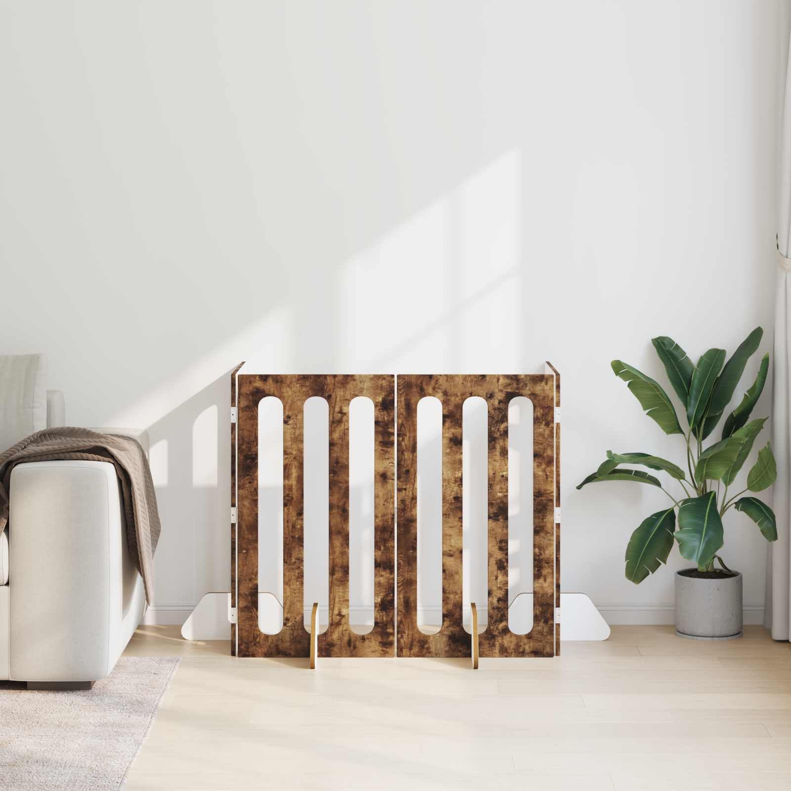 Recinzione pieghevole per animali domestici in legno di rovere affumicato, 4 pezzi, 201 x 38 x 90 cm, con pannelli pieghevoli flessibili e facile montaggio per interni e separazione sicura