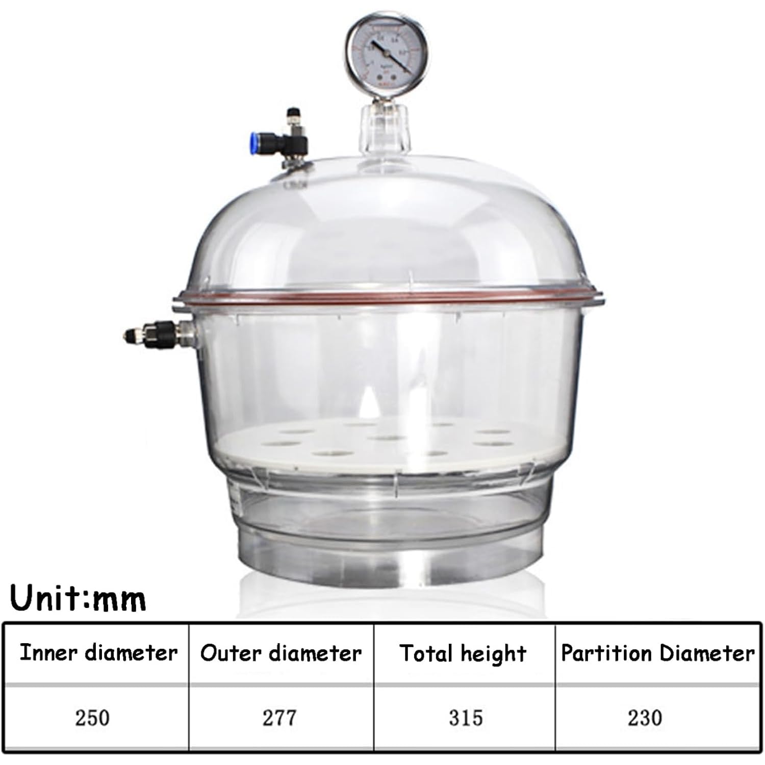 Vakuum-Exsikkator, 250 mm, Doppelventil, Vakuum-Trocknerglas mit Manometer, Betriebstemperatur -25 ℃ bis 120 ℃ für Vakuumtrocknung und Lagerung