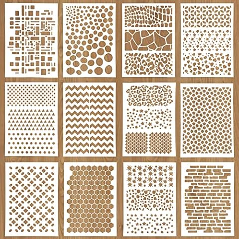 Wakihong 12 PCS Craft Stencils Templates Reusable Geometric Painting Stencils Set for Furniture Wall Home Decor DIY Scrapbooking,Gift Card Journaling Spraying Cover