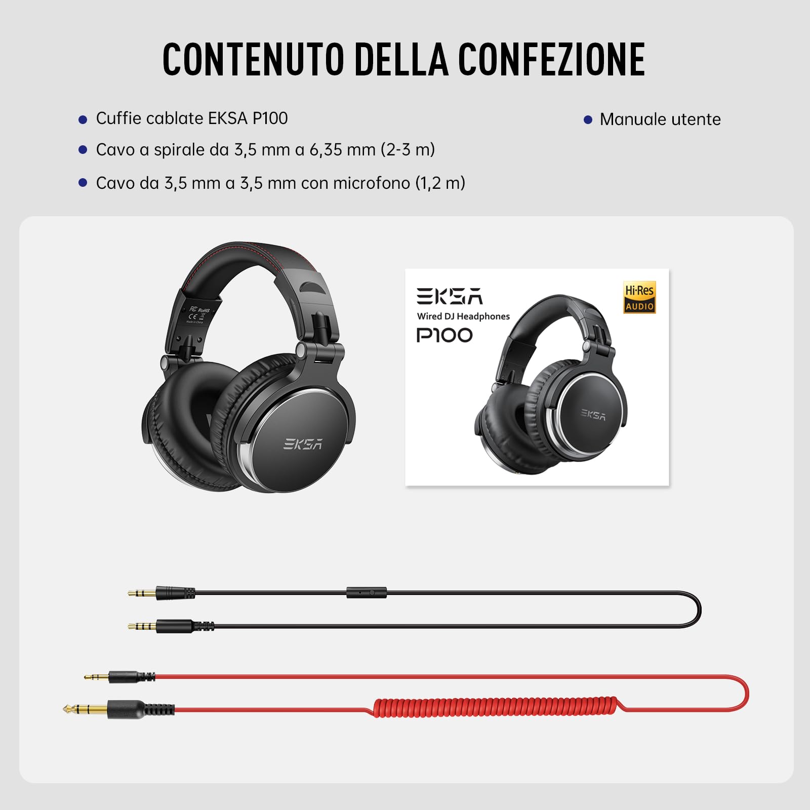 EKSA Cuffie Over Ear Jack 3,5 mm e 6,35 mm, per Registrazione, Mixaggio, Monitoraggio in Studio, DJ, Chitarra,Podcast, Cellulare, PC, Headset Cablate con Shareporte Microfono