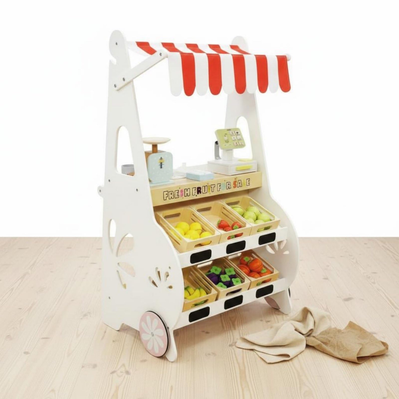 Harilla Kinder Kaufladen Holz Marktstand Spielset Obstregal Rollenspiel Zubehör Inklusive Ausziehbox Räder Tafel für Vorschule Spielzimmer Gemeinsames Spielen