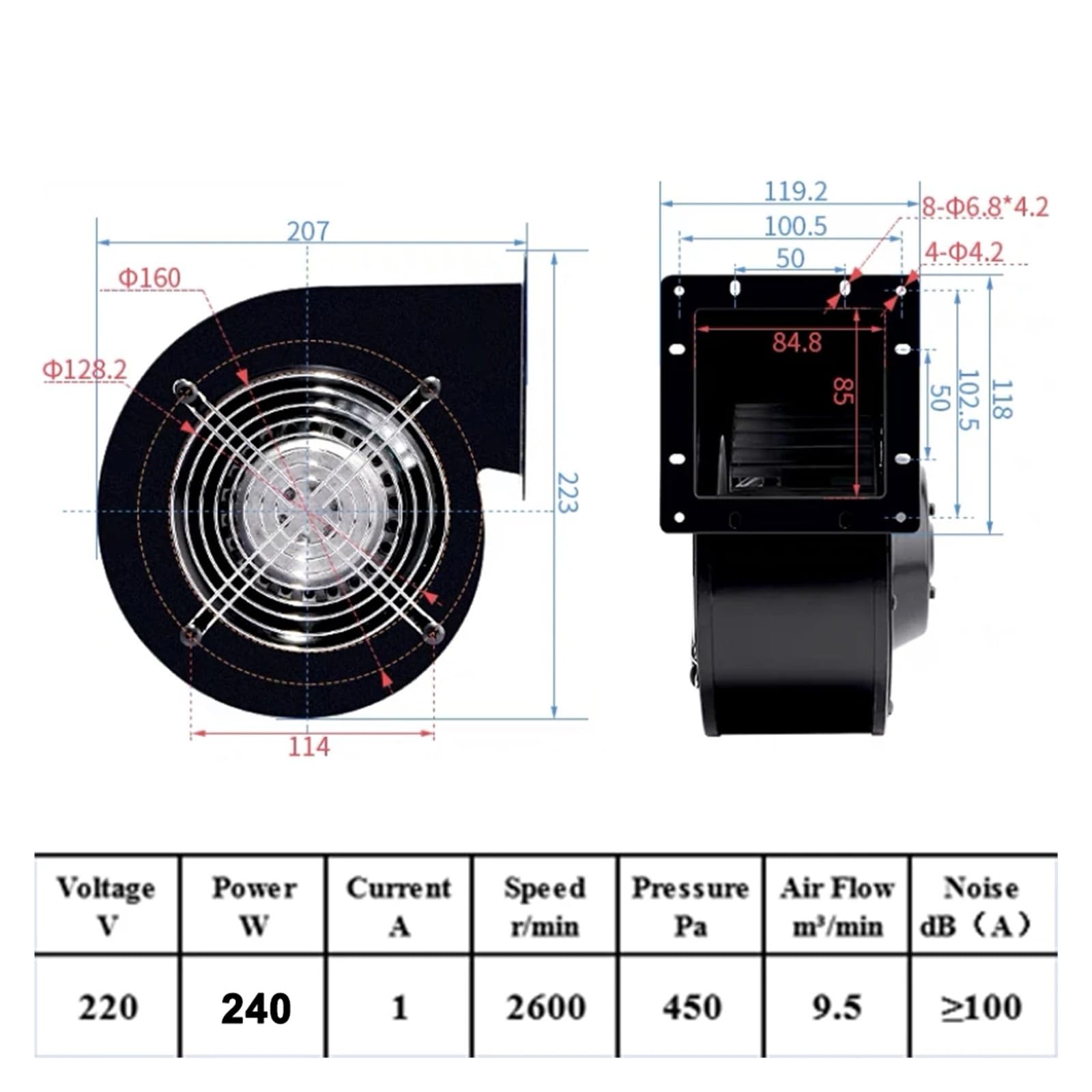Ventilatore centrifugo industriale 85W 120W 180W 240W Ventilatore d'aria silenzioso multi-ala for raffreddamento industriale Ventilazione efficace ad alta pressione(240W)