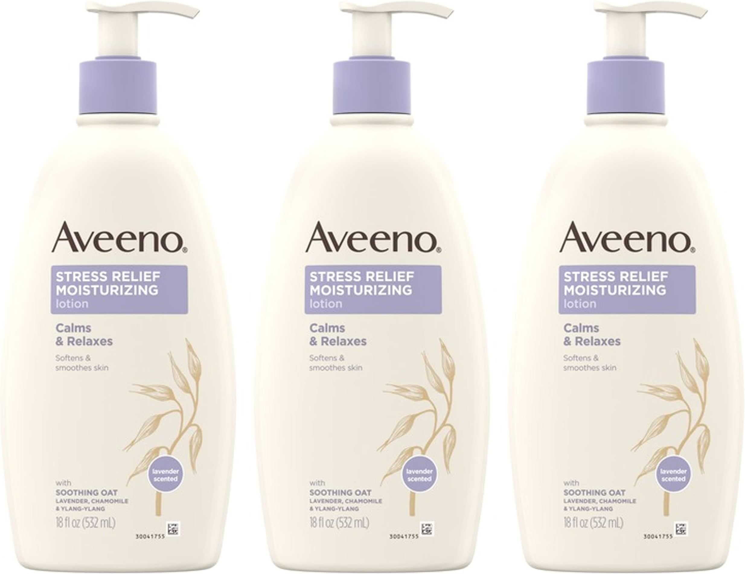 Aveeno Stress Relief Moisturizing Body Lotion with Lavender, Natural Oatmeal & Chamomile & Ylang-Ylang Essential Oils to Calm & Relax, Non-Greasy Daily Stress Relief Lotion, 3 x 18 fl. oz