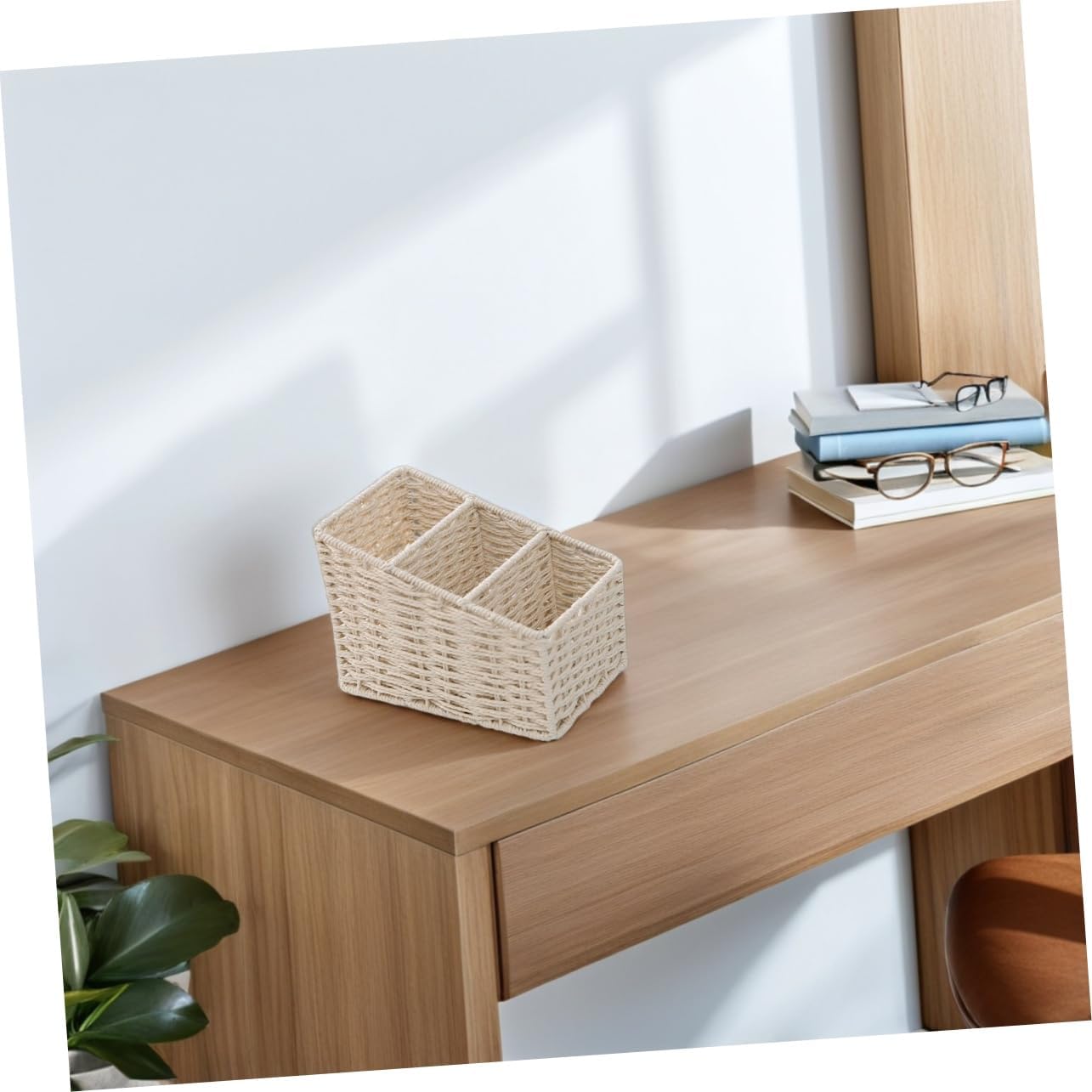 DOITOOL Trapezoidal Desktop Storage Box with 3 Compartments Waterproof Simulated Hand-Woven Basket Organizer for Office Supplies Stationery and Makeup